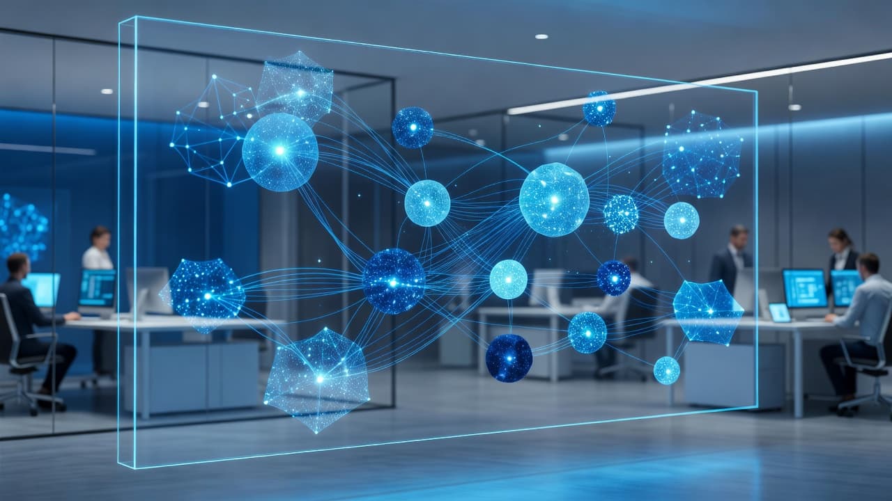 A futuristic digital dashboard featuring glowing blue data points and connection lines.