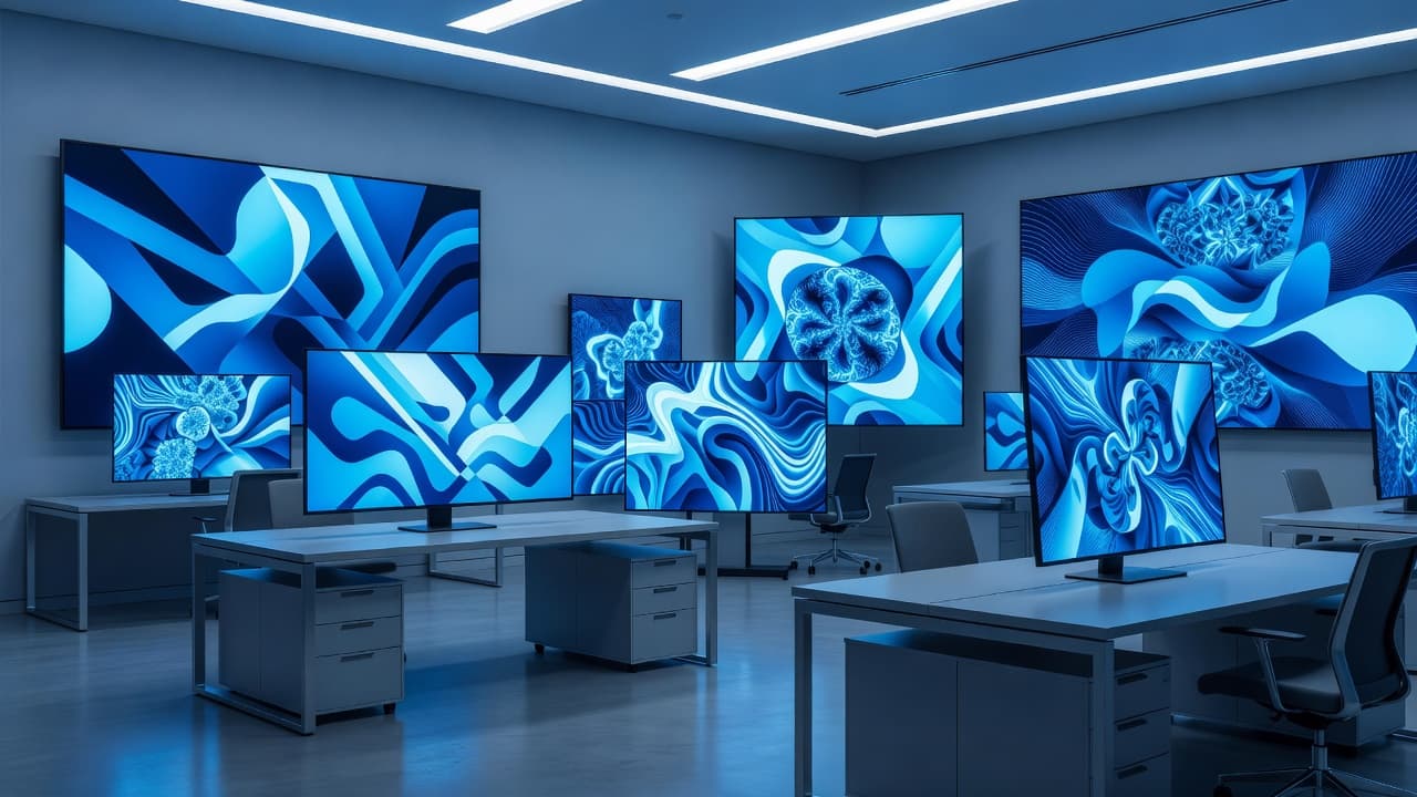 Glowing monitors showing abstract geometric designs inside a sleek professional studio.
