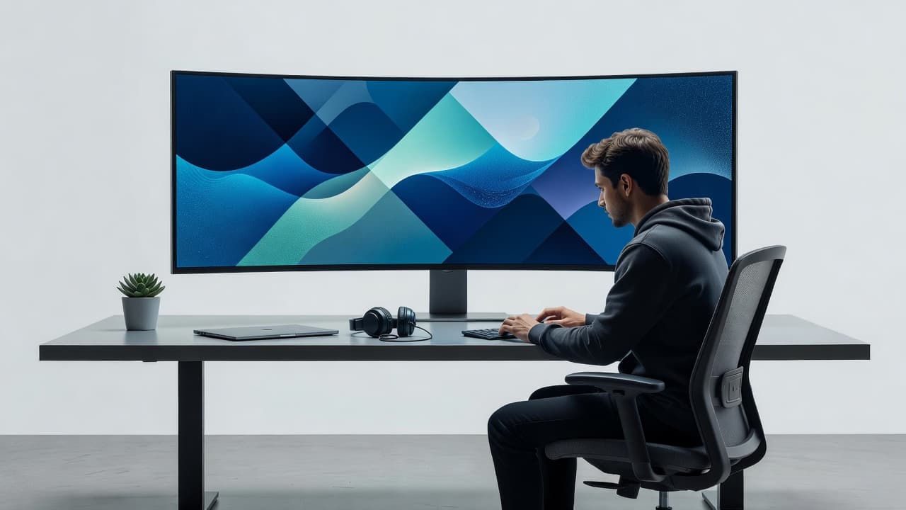 A person working at a computer displaying abstract shapes on screen.