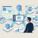 An editorial illustration of a marketer viewing a connected customer data dashboard with flowing pathways.