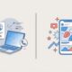 An editorial split screen illustration comparing lead generation and product showcase ads.