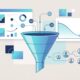 An abstract digital marketing funnel graphic showing declining costs and customer icons.
