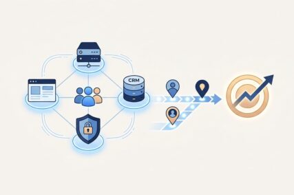 A glowing blue network diagram linking browser, server, and database icons toward a conversion target.