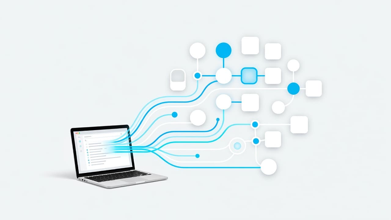 A laptop on a light background with clean cyan abstract shapes.