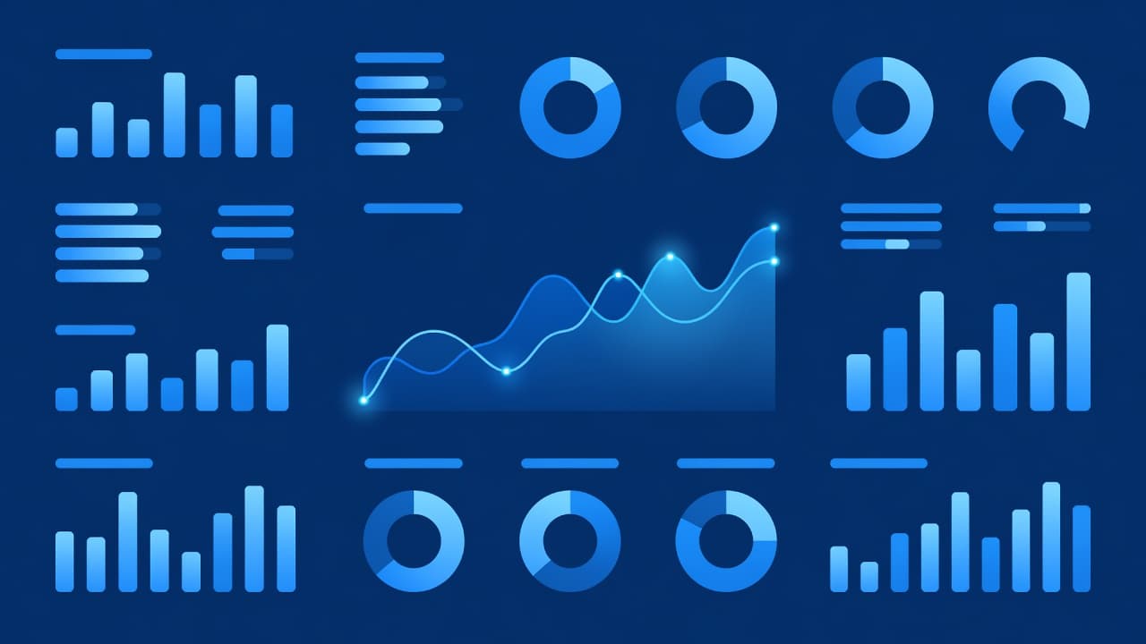 A blue dashboard displaying rising line graphs and data metrics.