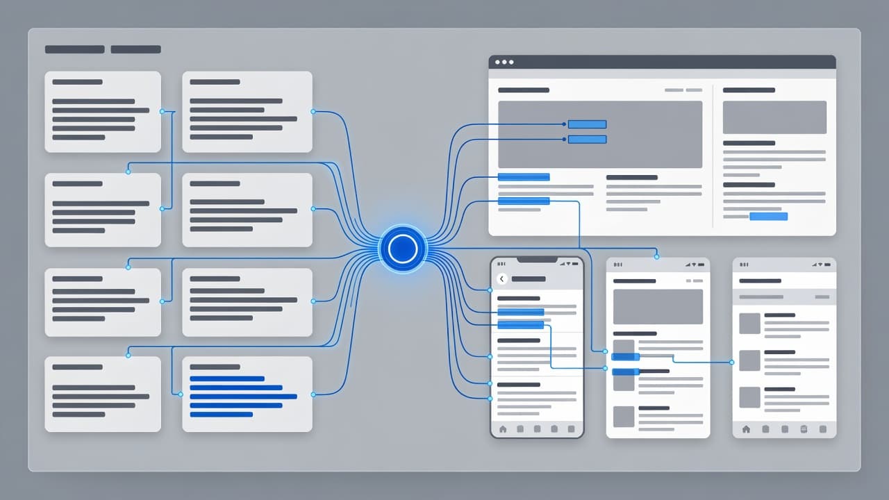 A clean analytics interface with geometric shapes and blue lines showing workflow automation.