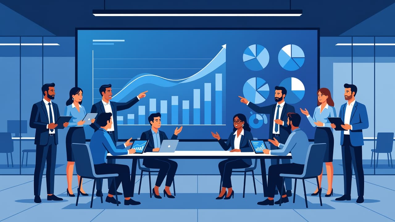 A marketing team reviewing data charts on a screen in a vector art style.