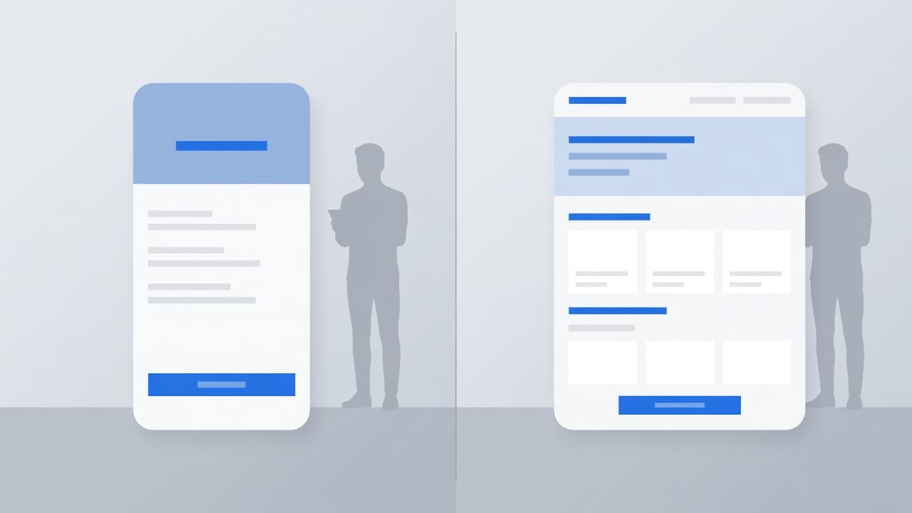 Split-screen graphic comparing a mobile form interface and a website landing page in blue tones.