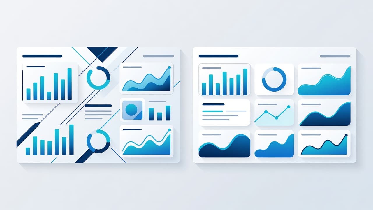 Two side-by-side digital dashboards with blue and cyan geometric shapes.