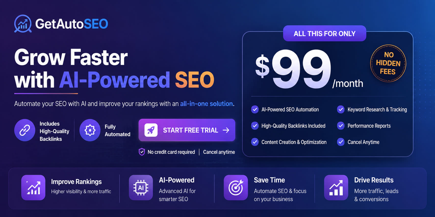 GetAutoSEO — automate your SEO with AI. All-in-one plan at $99 per month, no hidden fees. Start a free trial, no credit card required.