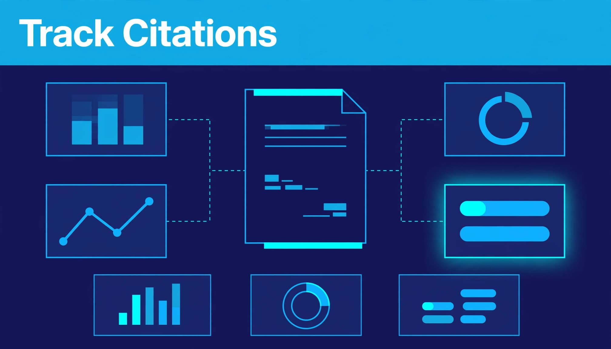 A source document connects to answer cards and chart tiles, with one citation highlighted in cyan.