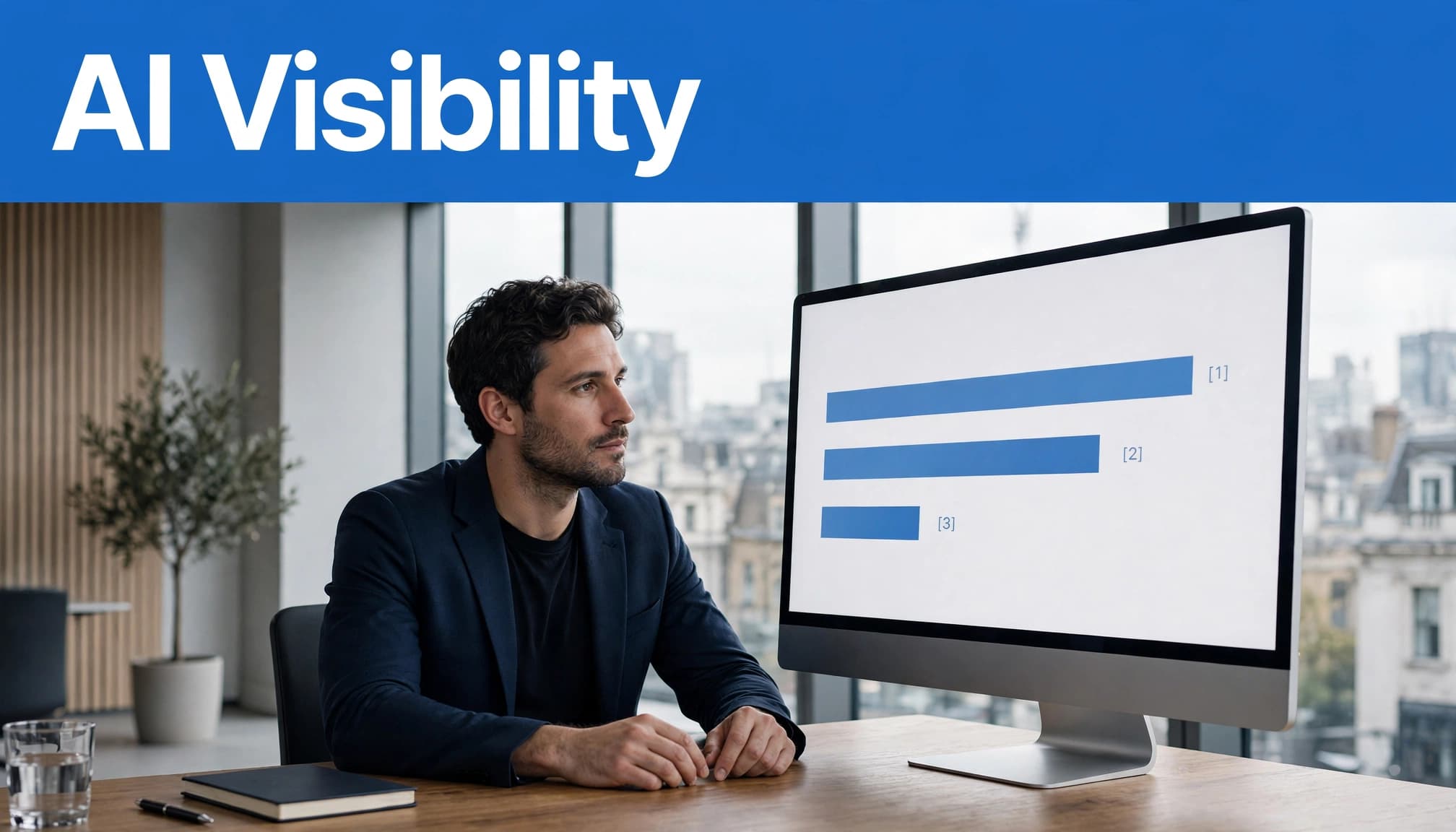 A business owner reviews visibility bars on a large monitor in a bright meeting room.