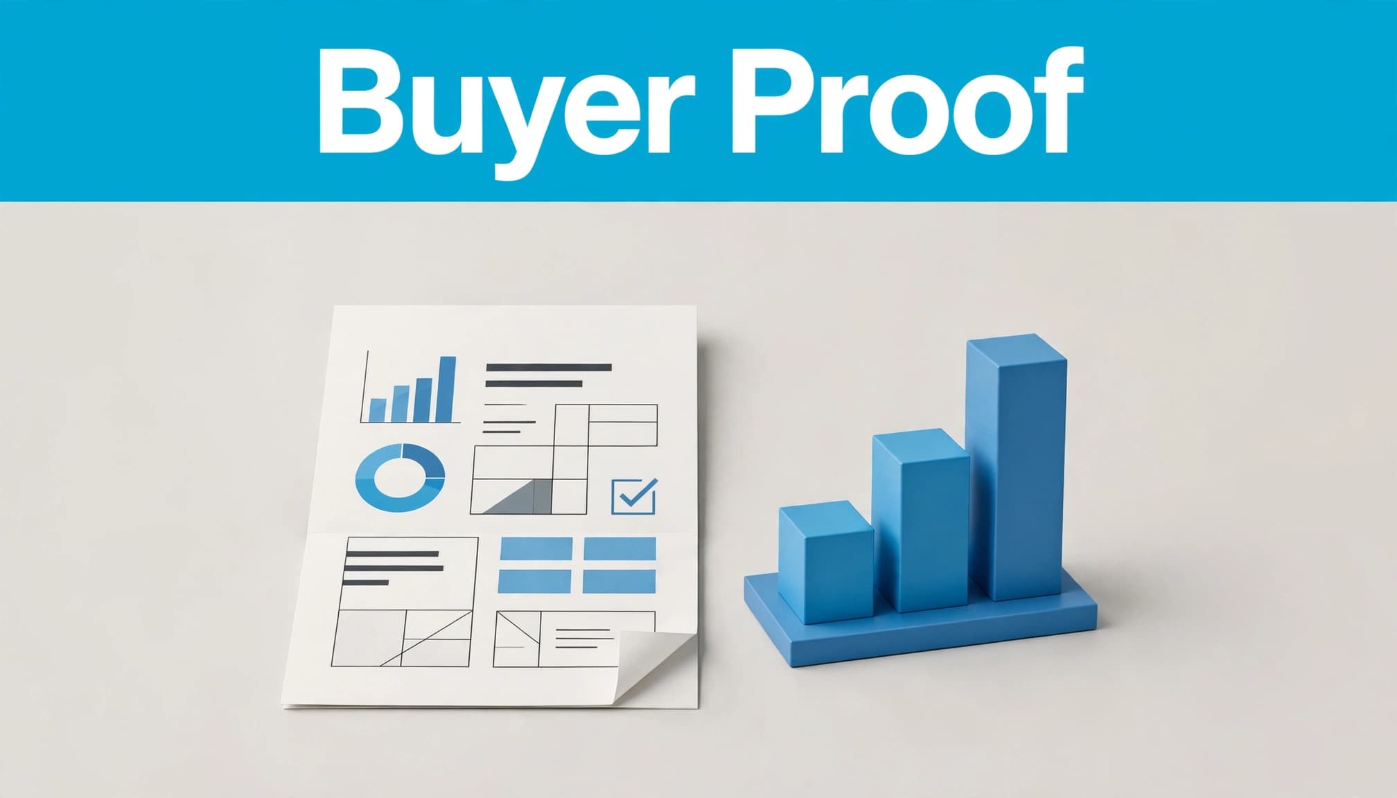 A customer results report beside a small growth chart under a blue Buyer Proof banner.