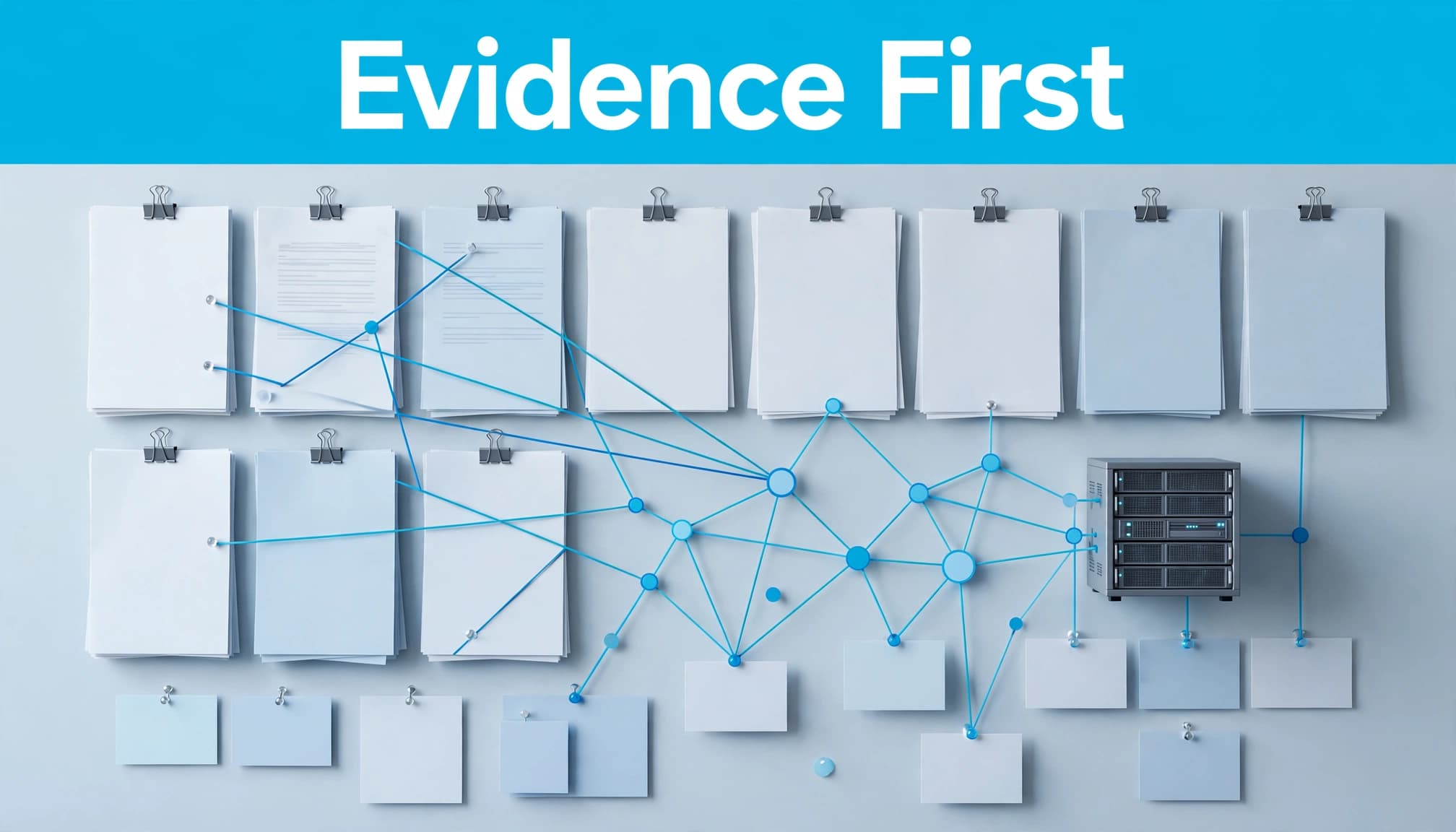Evidence documents and connected data points arranged on a blue-and-white research board.