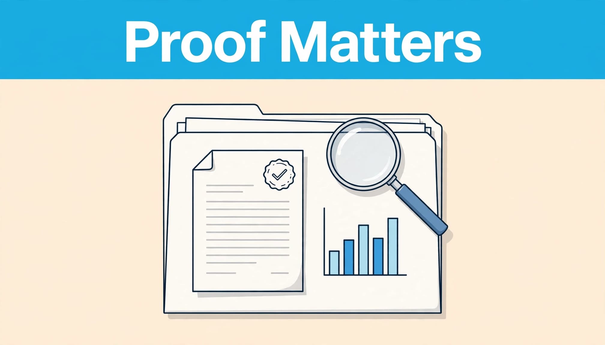 A magnifying glass, chart, and verified document sit in a dossier beneath a blue headline band.