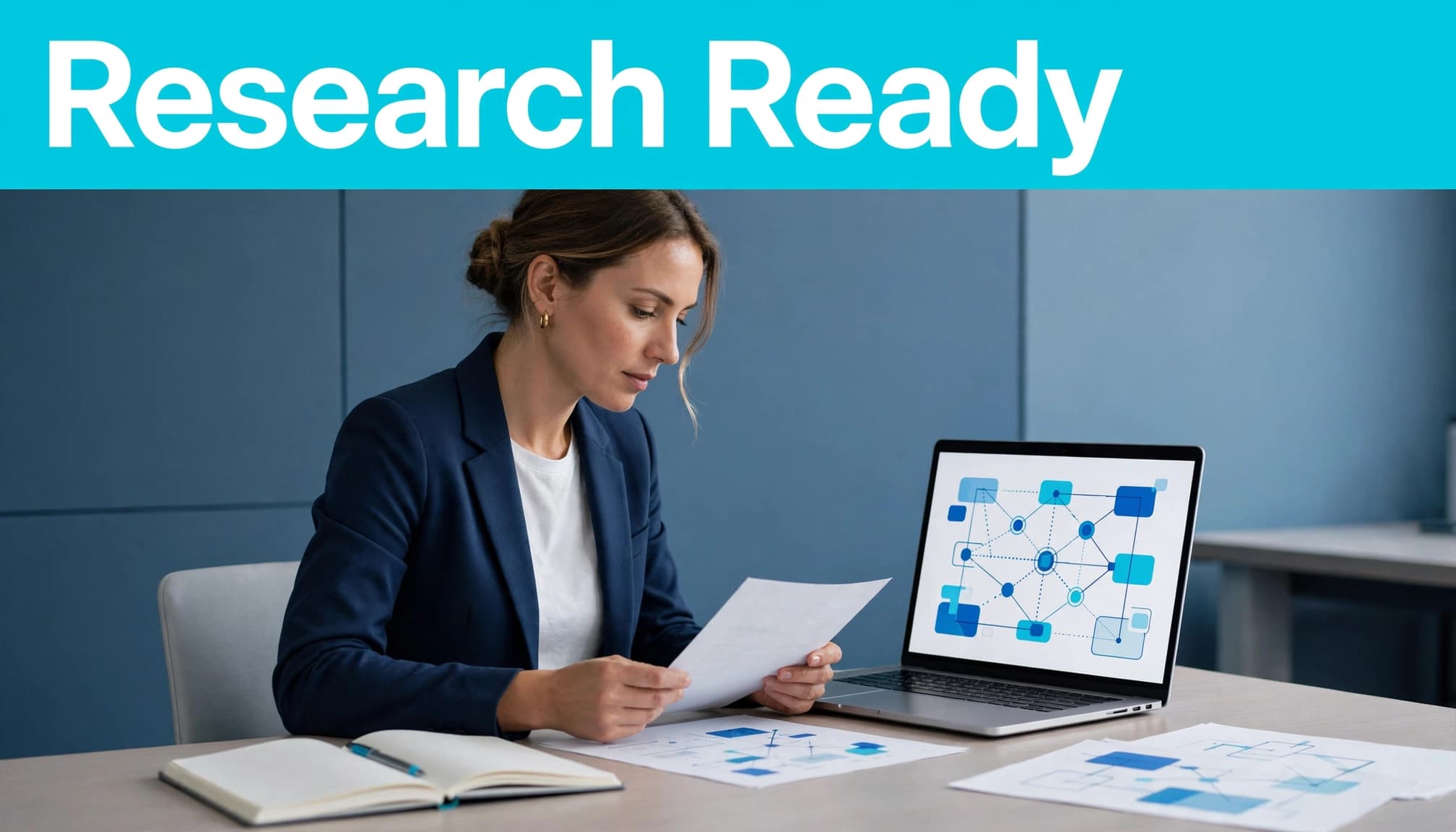 A content strategist reviews research beside a laptop and notebook in a blue workspace.