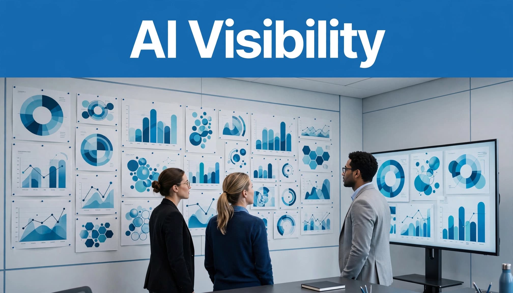 Three marketing colleagues review abstract search visibility charts in a modern meeting room.