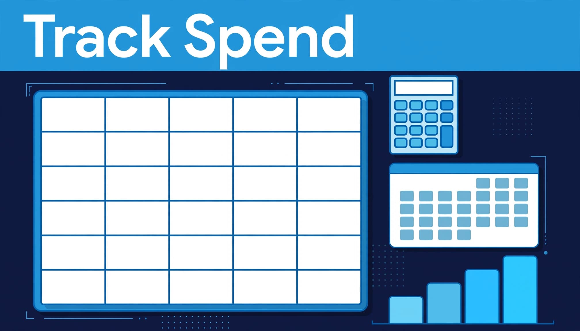 Top-down budget workspace with a spreadsheet, calculator, calendar, and colored spending blocks.
