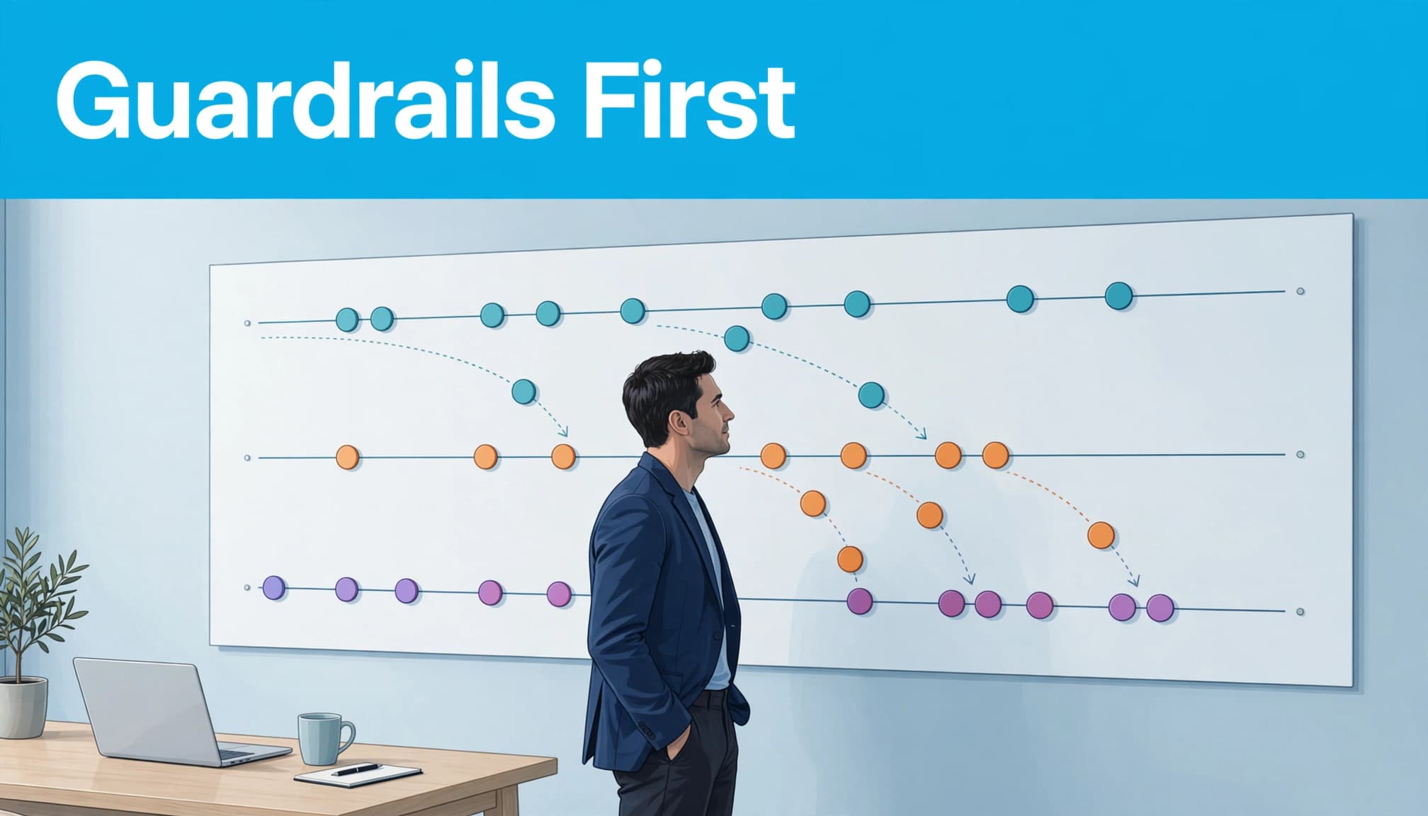A marketing manager moves colored tokens across three campaign budget lanes on a wall-mounted board.