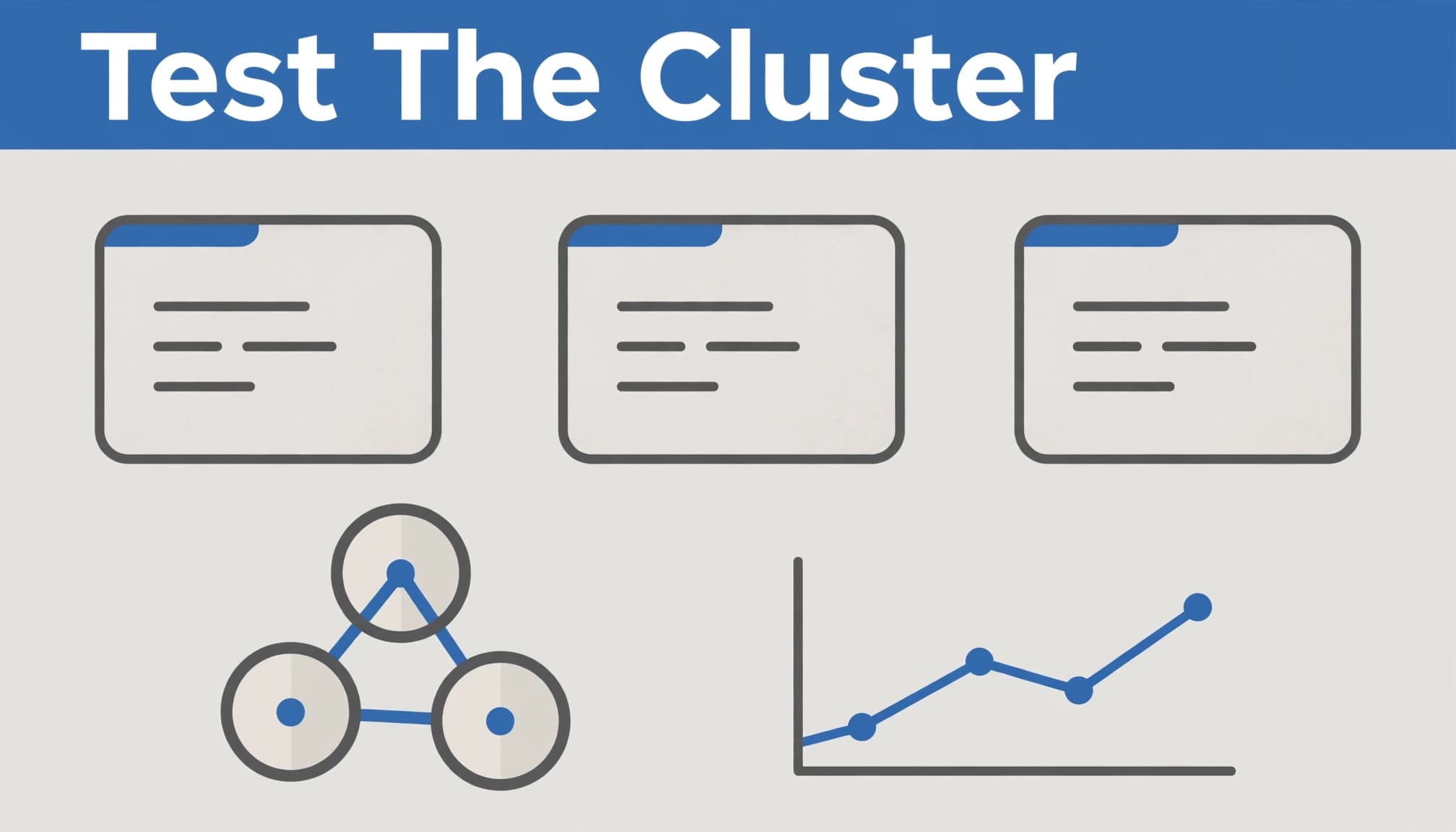 Three grouped cards sit above a small chart beneath a blue headline band.