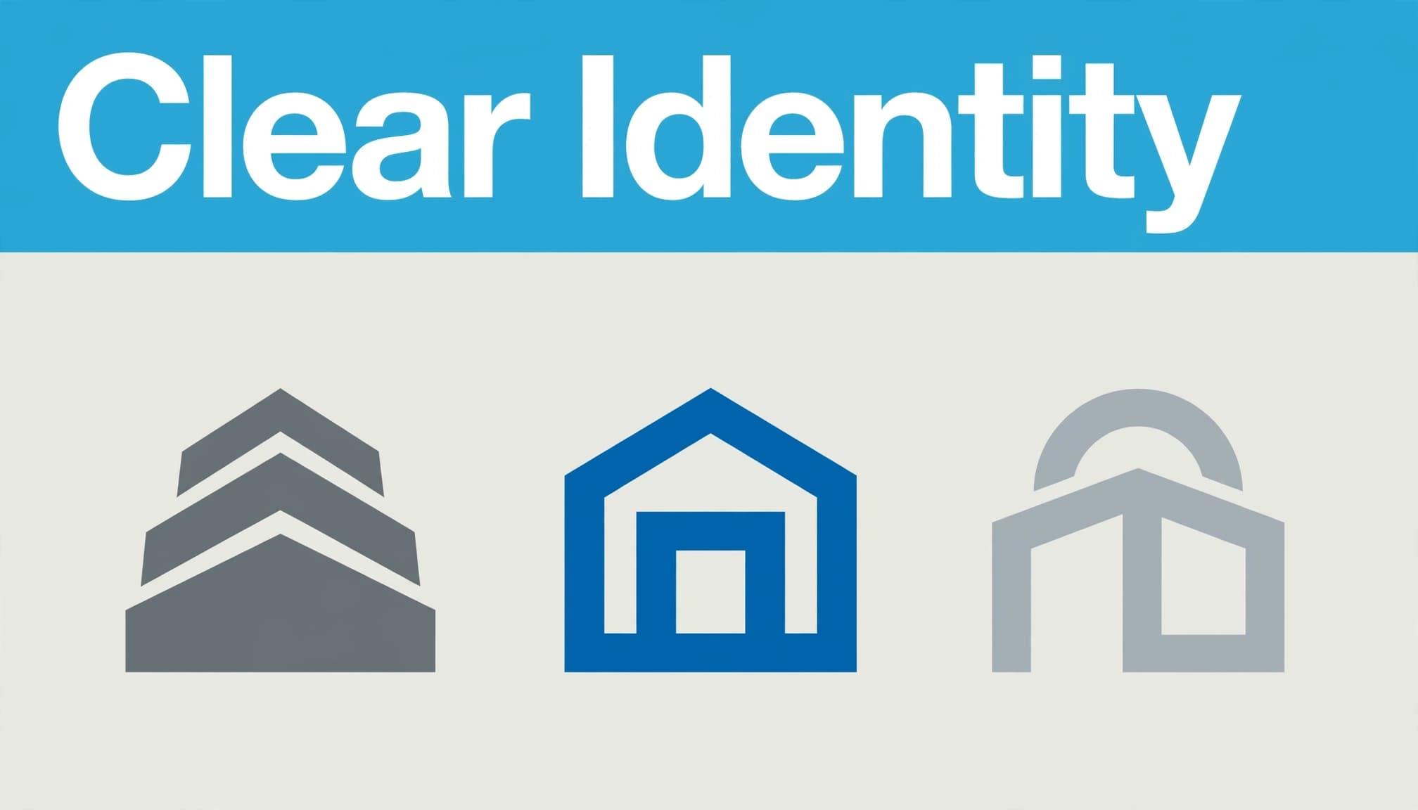 A blue building icon stands apart from two similar business symbols beneath a Clear Identity headline.