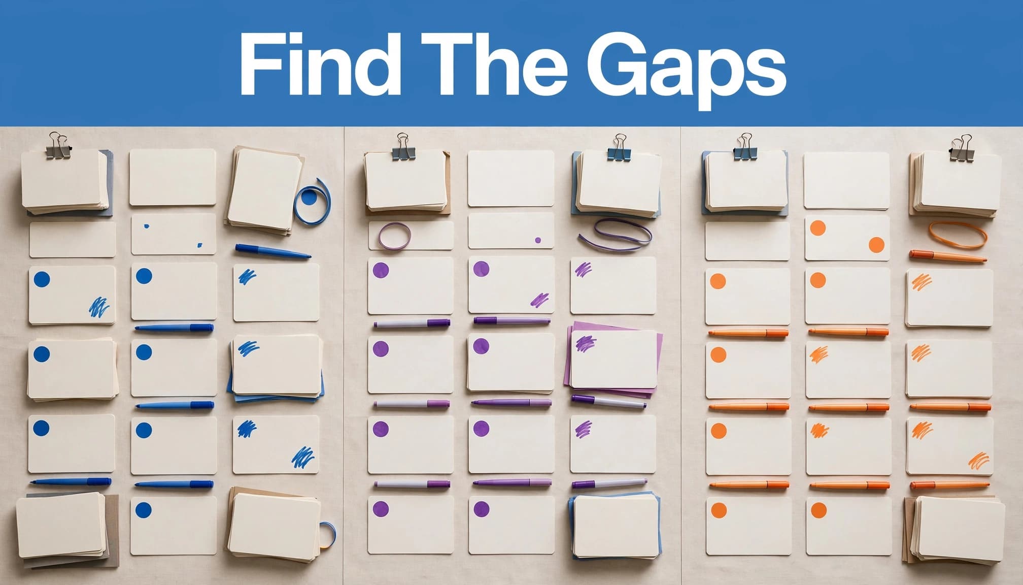Three card-based zones compare search results, AI answers, and competitor content gaps.