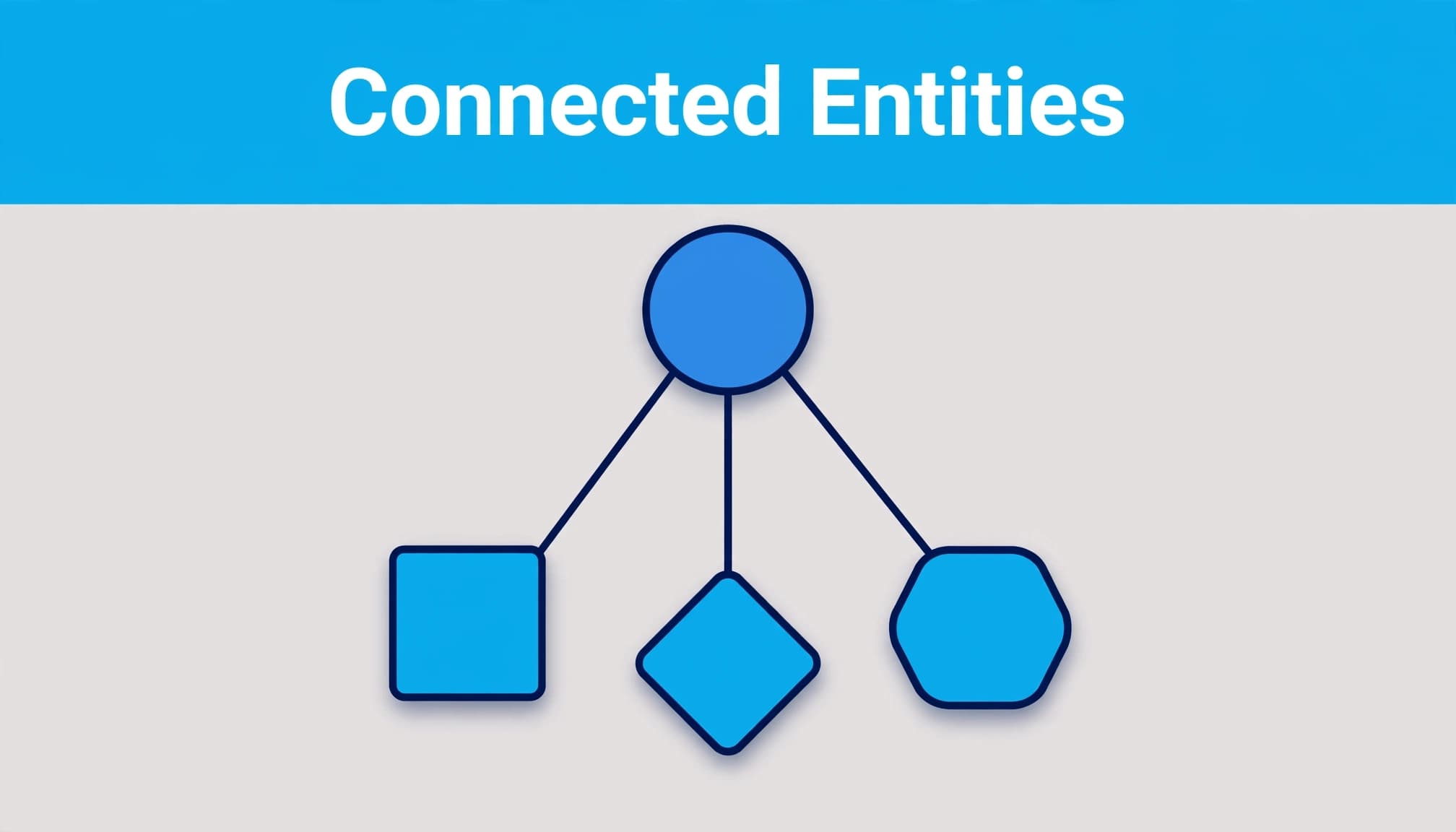 A blue central node connects to smaller nodes beneath a cyan headline band.