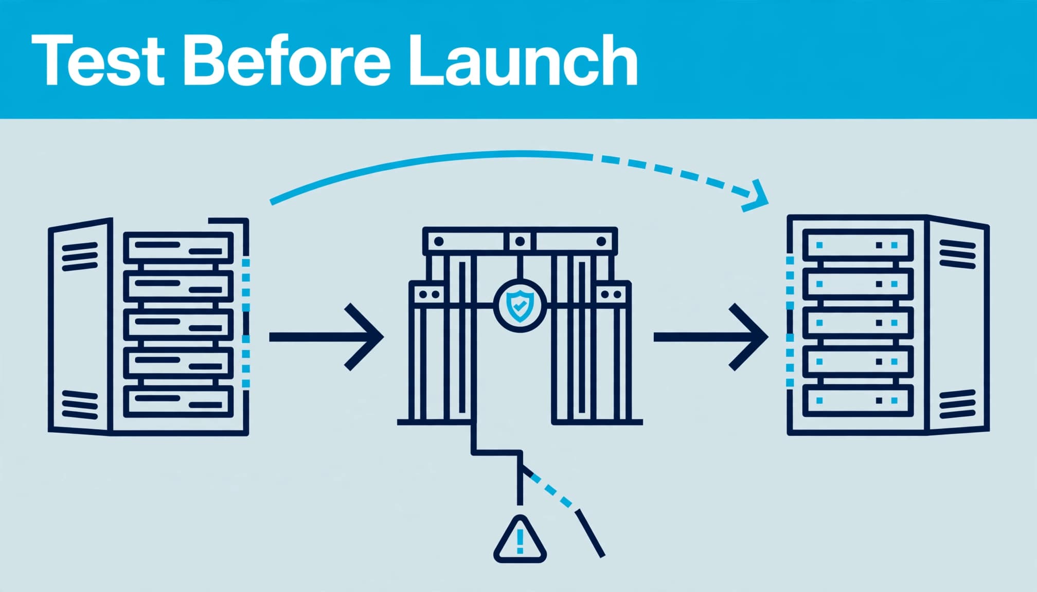 A staging-to-production server pipeline with a separate warning path beneath a cyan headline.