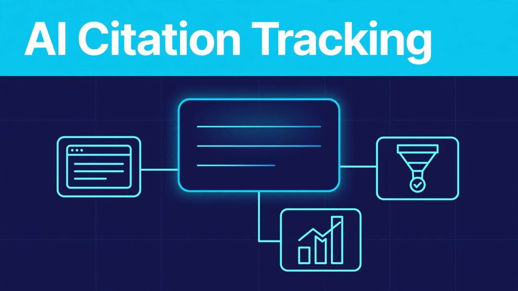 Navy graphic showing an AI answer panel connected to sources, analytics, and sales icons.