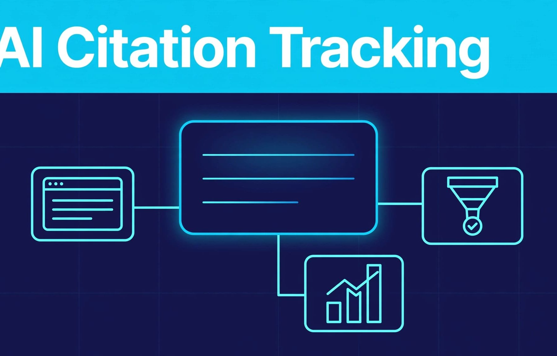 Navy graphic showing an AI answer panel connected to sources, analytics, and sales icons.