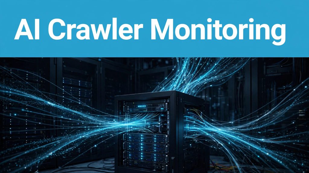 A glowing server rack with cyan data paths beneath a blue headline band.