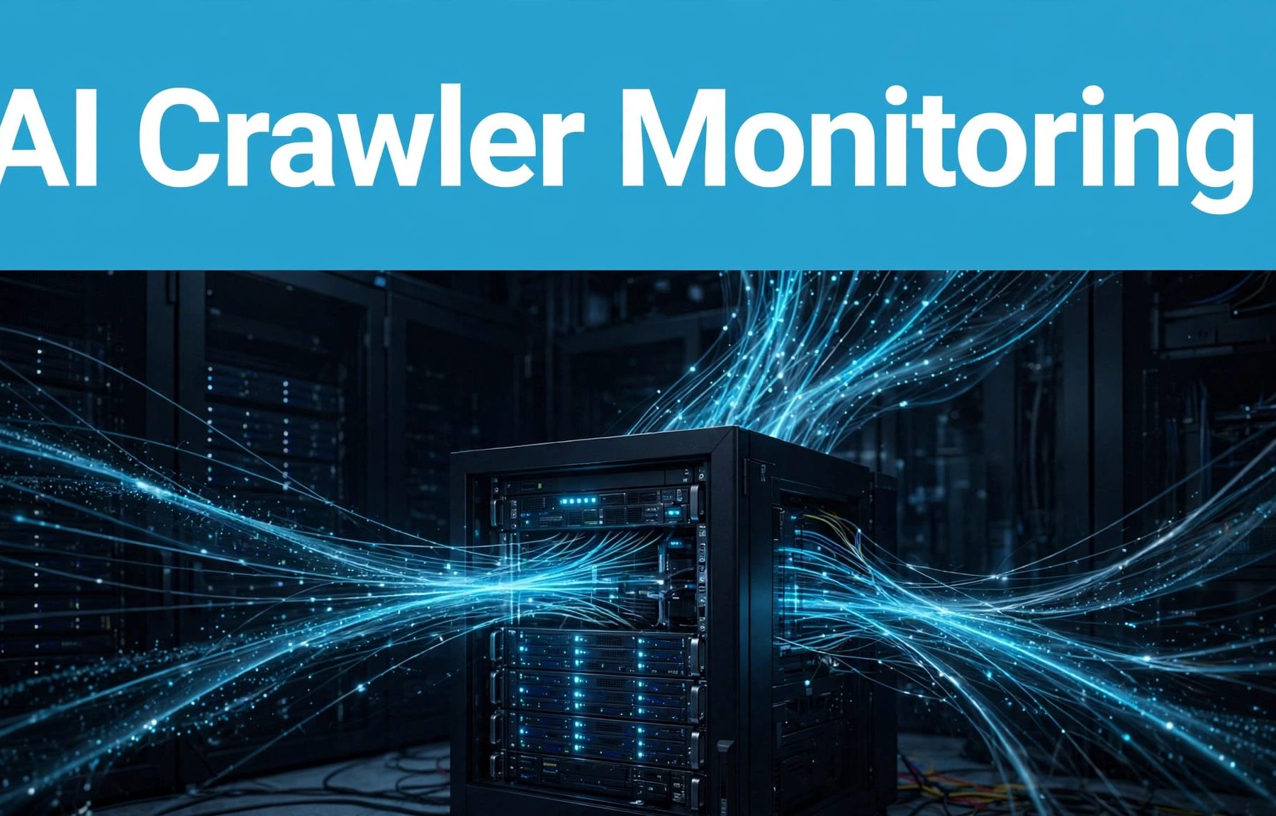 A glowing server rack with cyan data paths beneath a blue headline band.