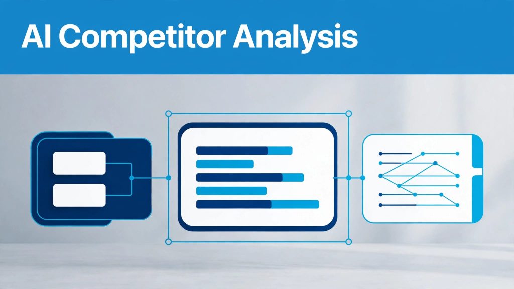 A blue analytics dashboard compares search results and competitors beneath a bold headline.