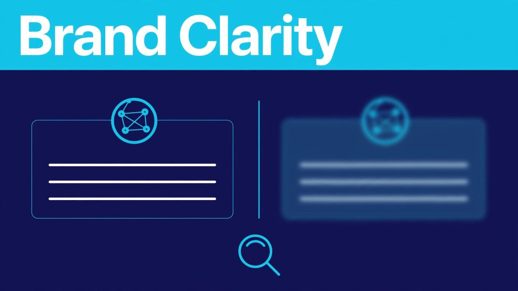 A navy graphic shows two similar company profiles, one sharp and one blurred, beneath a cyan Brand Clarity banner.