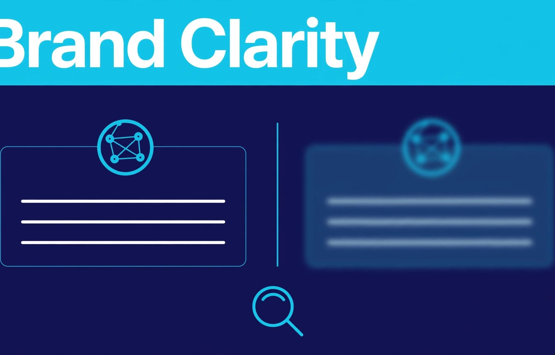 A navy graphic shows two similar company profiles, one sharp and one blurred, beneath a cyan Brand Clarity banner.