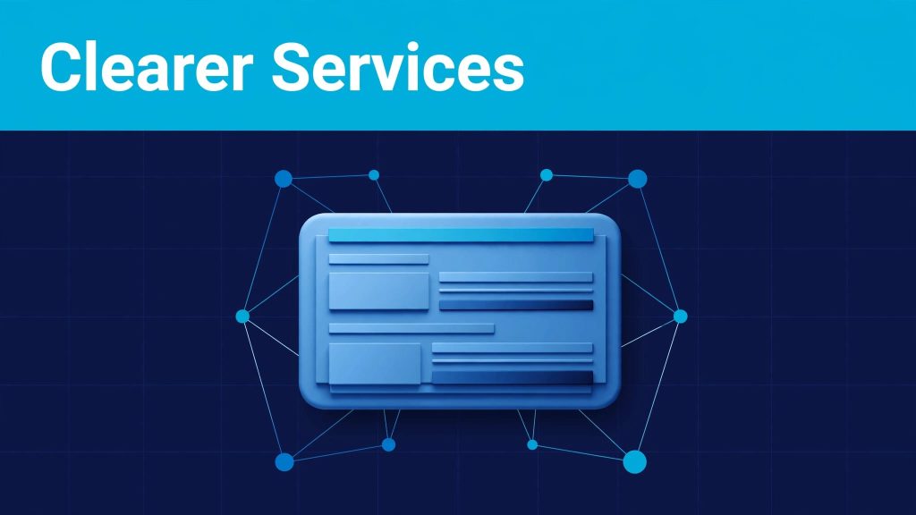 A service card connects to data nodes beneath a blue “Clearer Services” banner.
