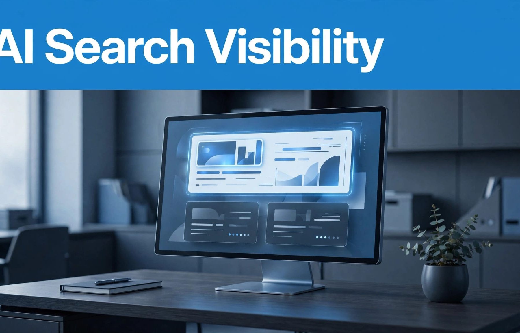 Blue banner above an office scene with a highlighted business recommendation interface.