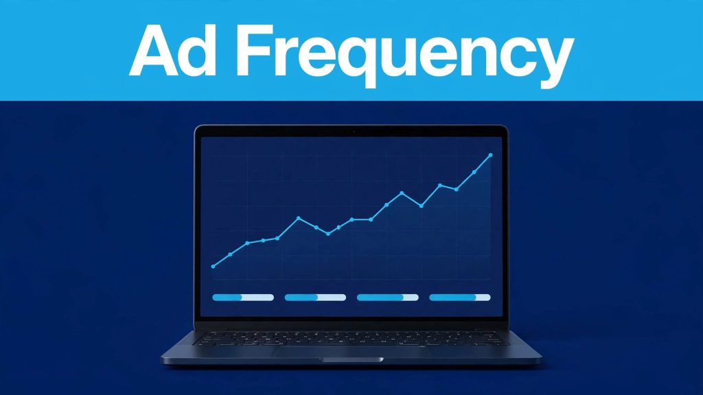 Laptop showing an ad frequency dashboard with rising campaign metrics.