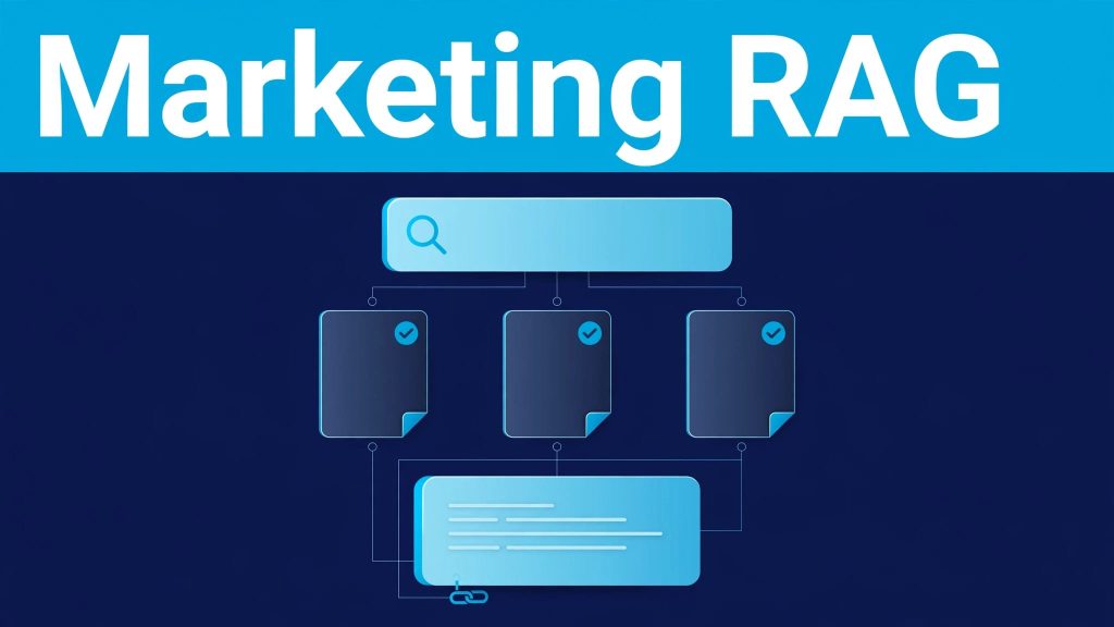 A central search interface links marketing documents to an answer card beneath a blue headline banner.