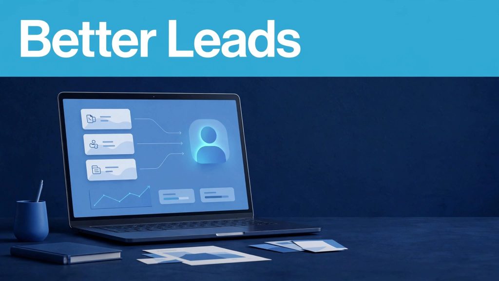 A dashboard shows content cards leading to a highlighted person icon beneath a blue banner.