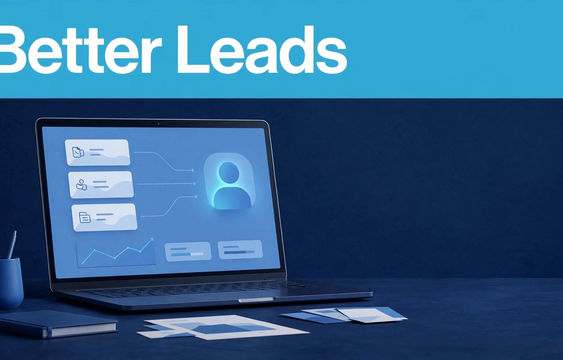 A dashboard shows content cards leading to a highlighted person icon beneath a blue banner.