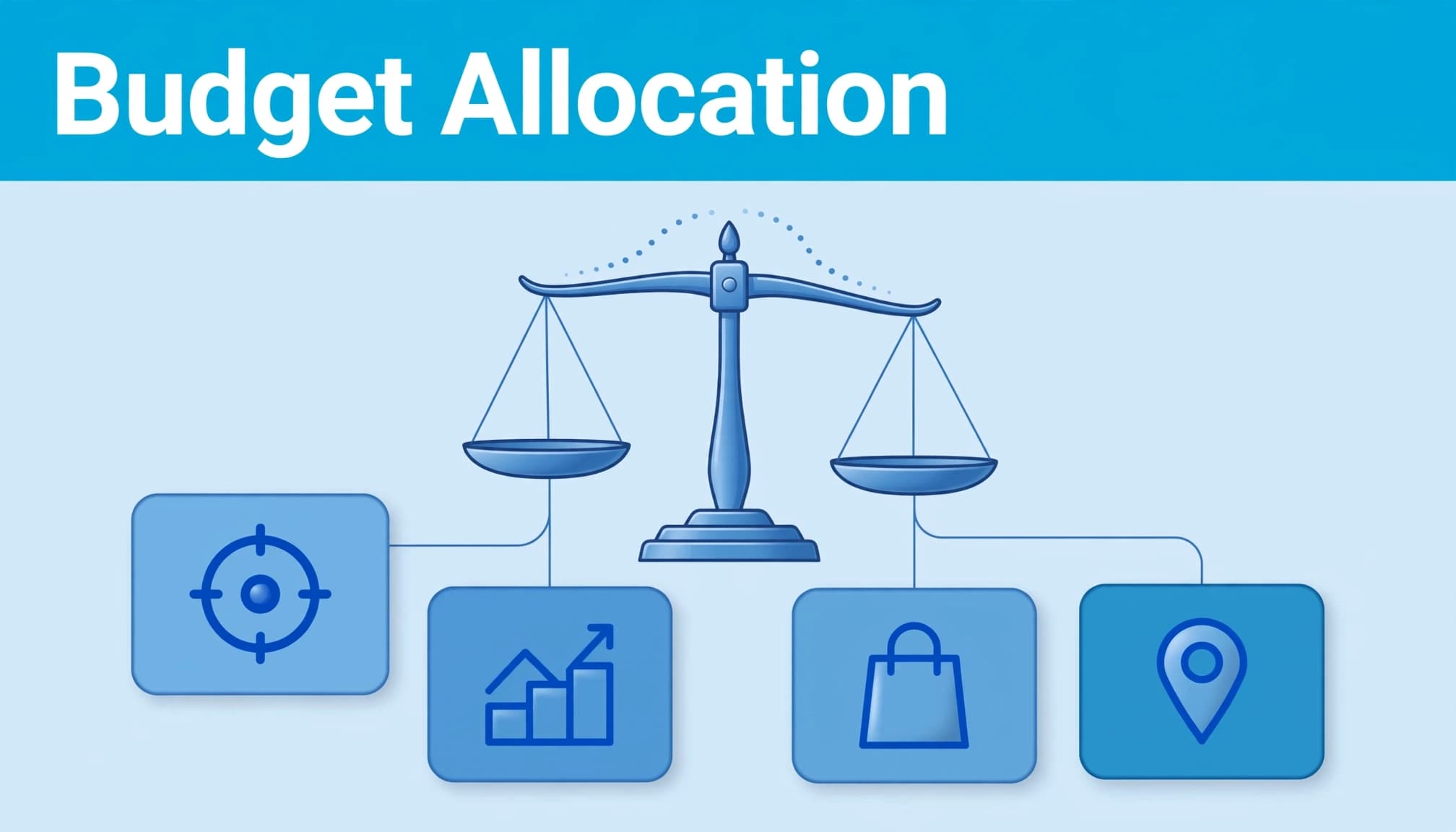 Campaign cards surround a central scale beneath a cyan Budget Allocation header.