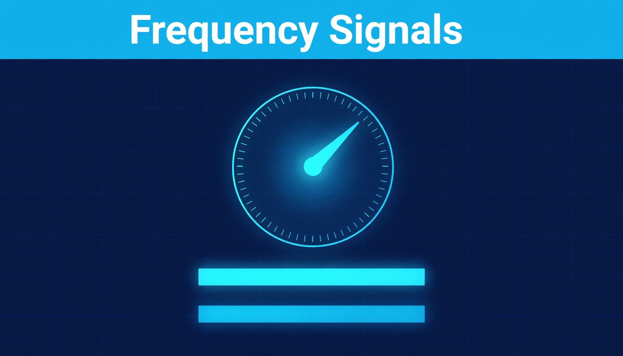 A glowing frequency gauge with impression and reach bars on a blue analytics dashboard.