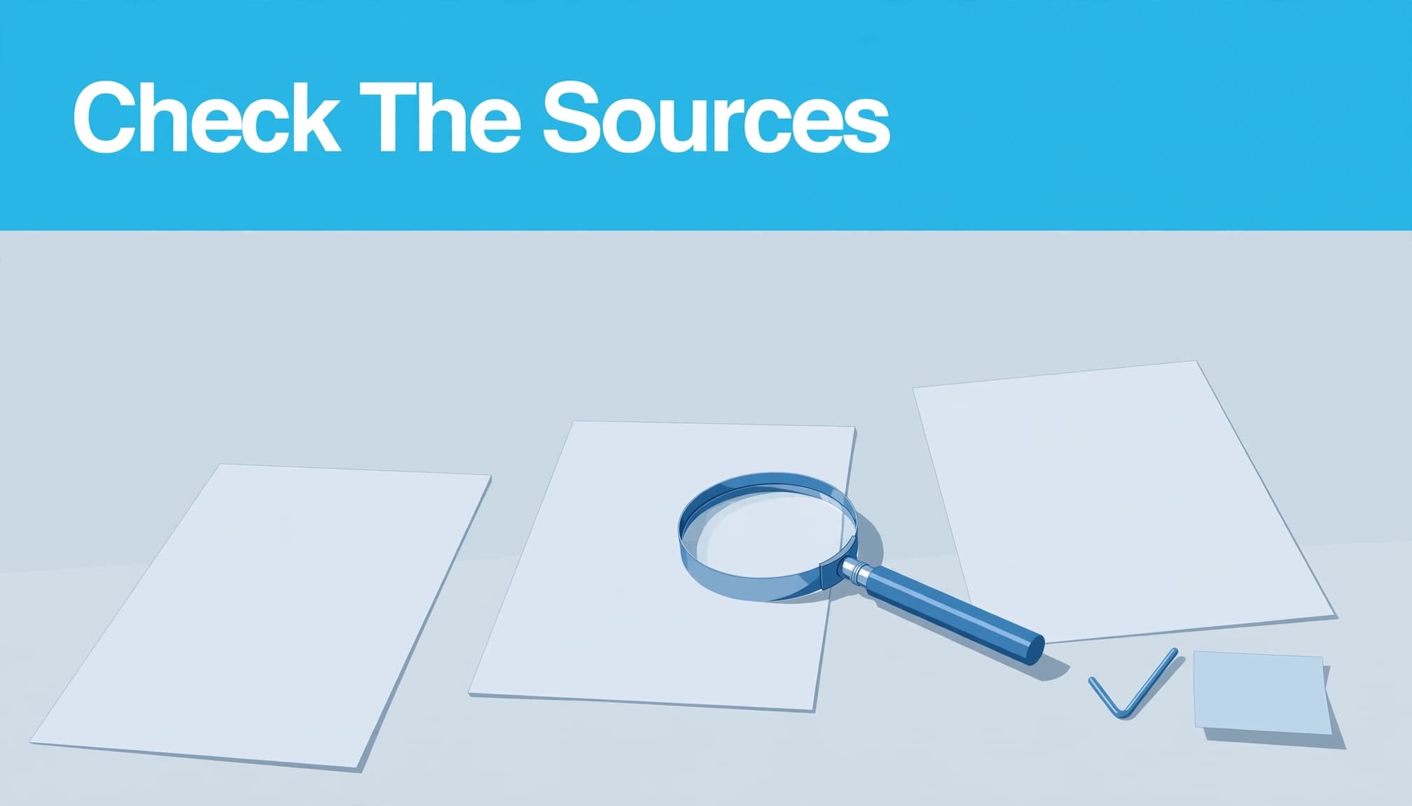 Page cards, a magnifying glass, and a checkmark paper clip sit beside a citation note.