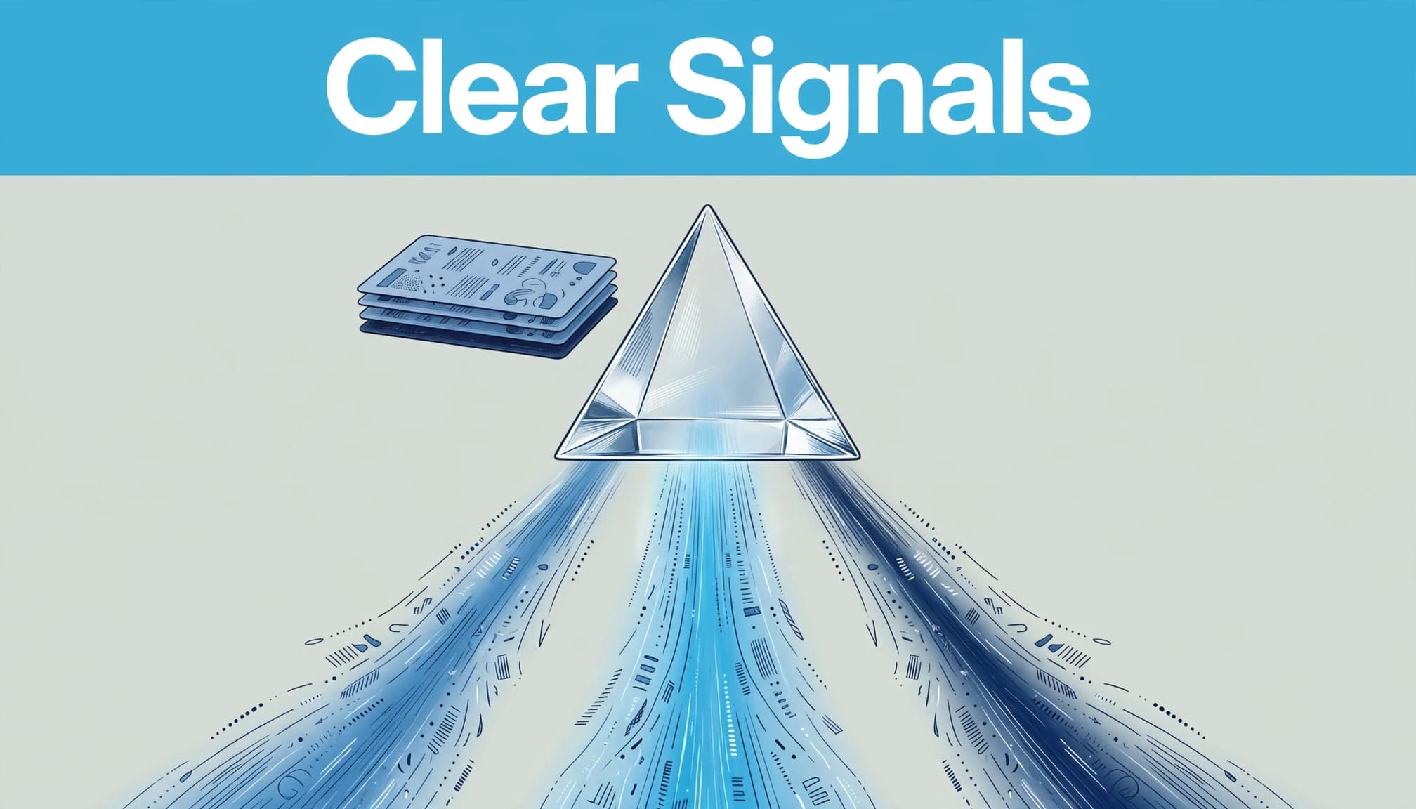 A glass prism splits abstract cards into three streams of blue light beneath a cyan banner.