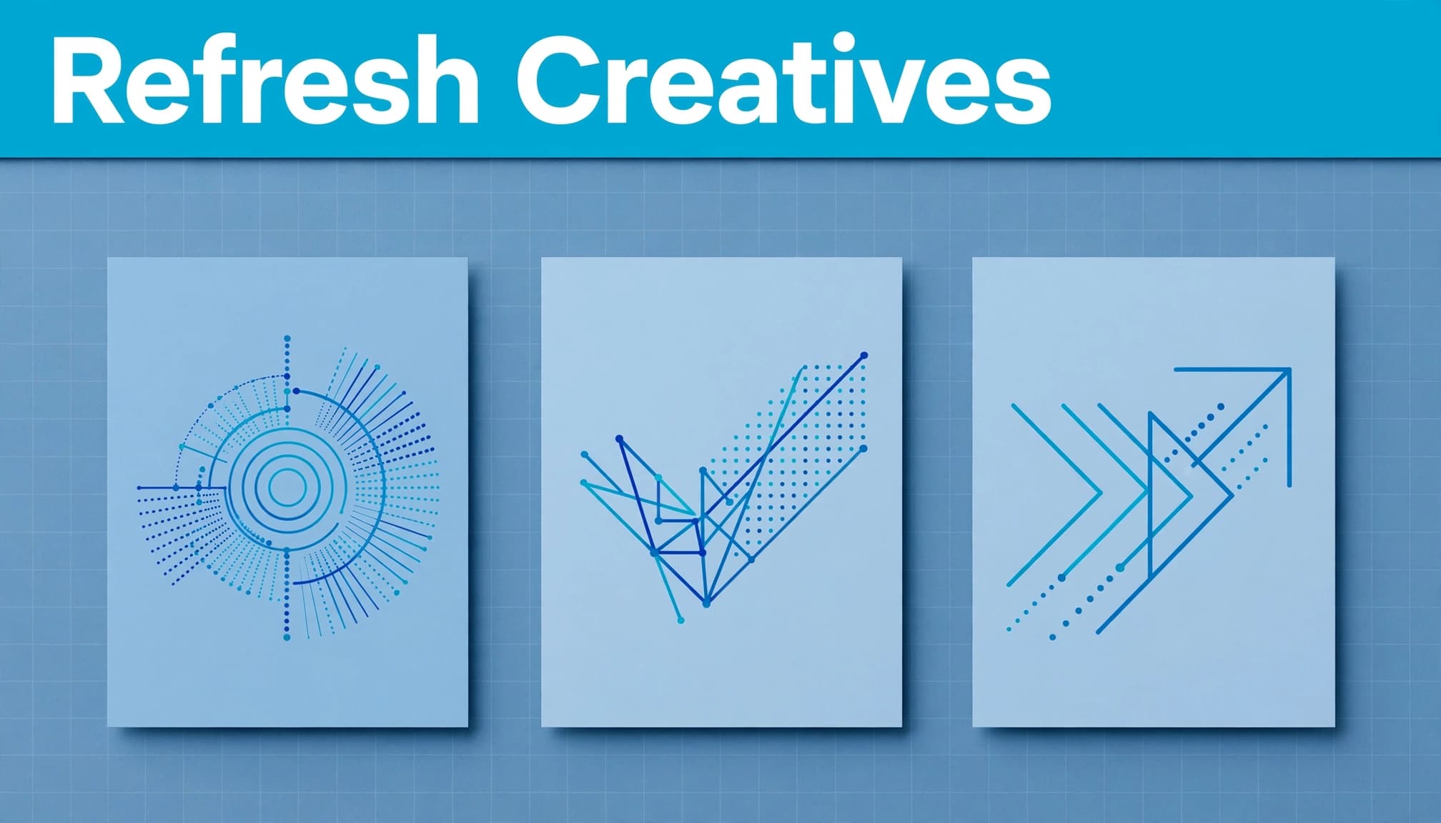 Three blue ad cards show a sequence from introduction to proof and action.