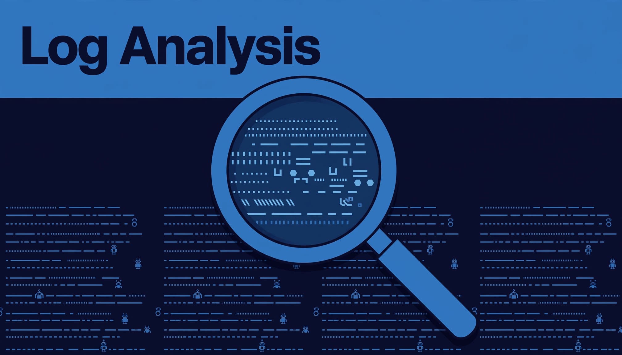 Magnifying glass over server log rows in a dark blue dashboard.