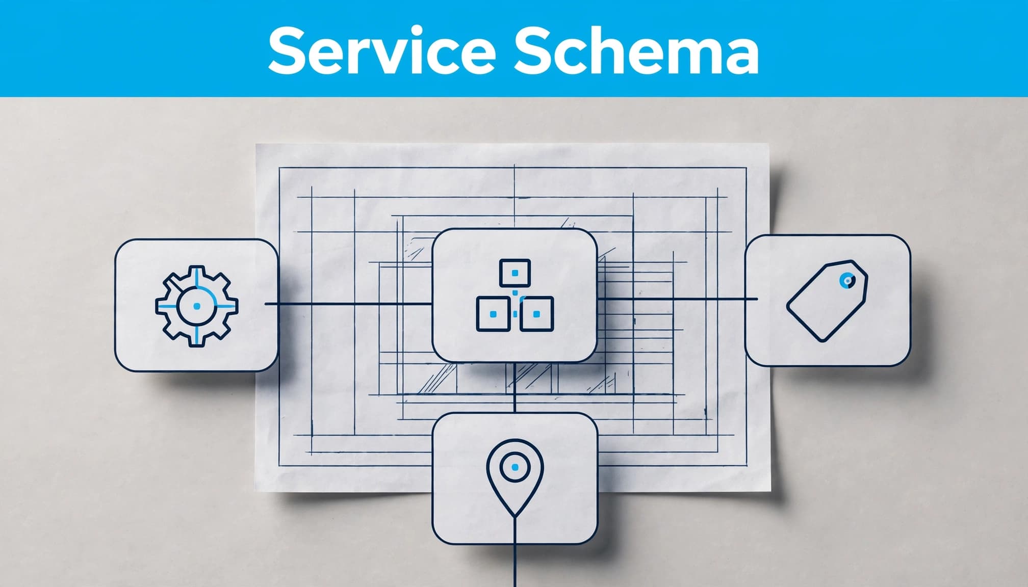 A paper blueprint connects an organization card to service, location, and offer shapes.