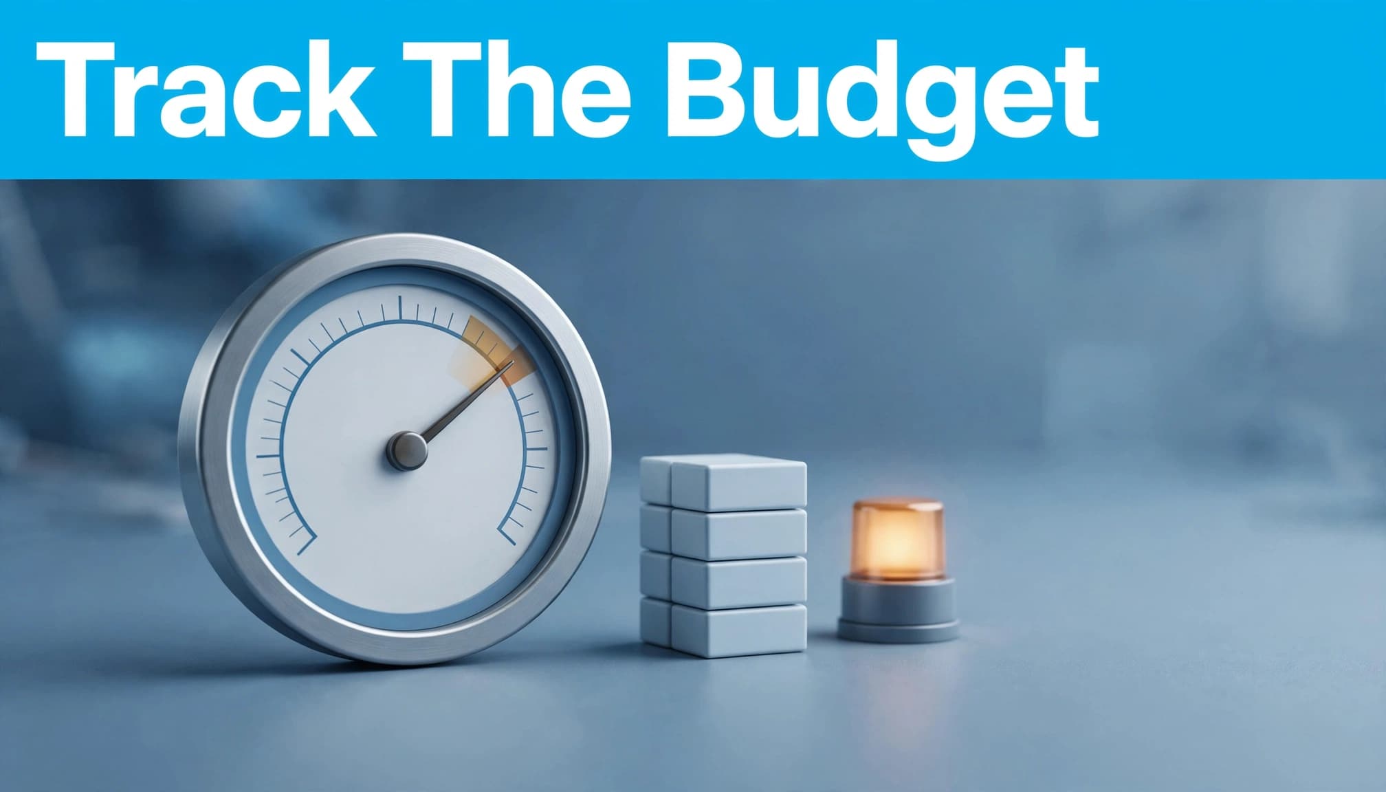 A budget gauge, token blocks, and amber warning light beneath a blue headline strip.