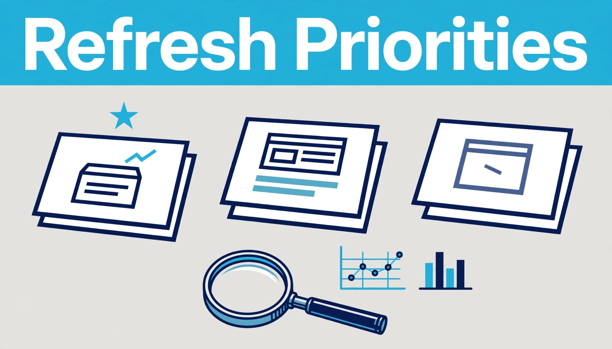 Web page cards grouped by priority beside a magnifying glass and a small chart.